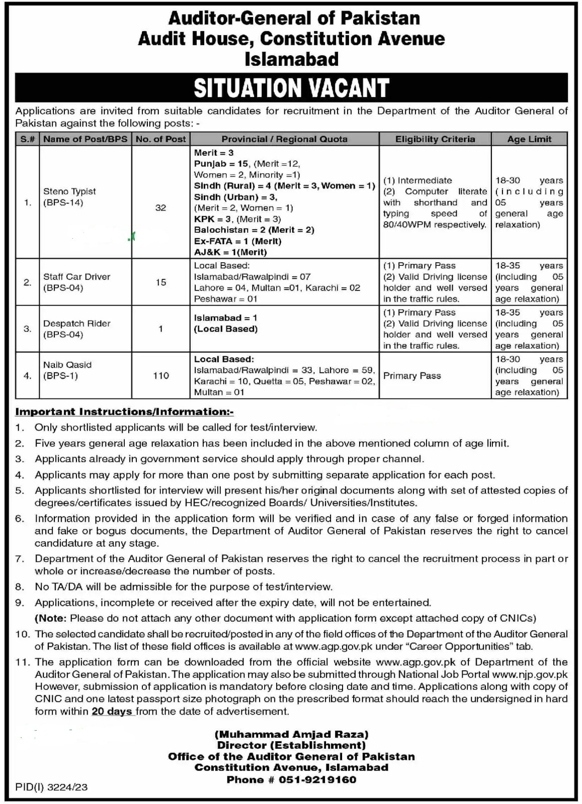 Auditor General Of pakistan Islamabad Jobs 2023